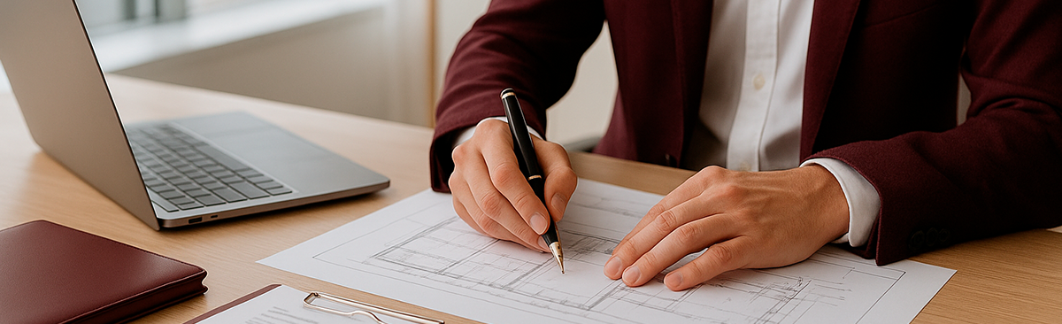 Persona de negocios escribiendo sobre planos técnicos en una oficina moderna, con un portátil y documentos sobre una mesa.